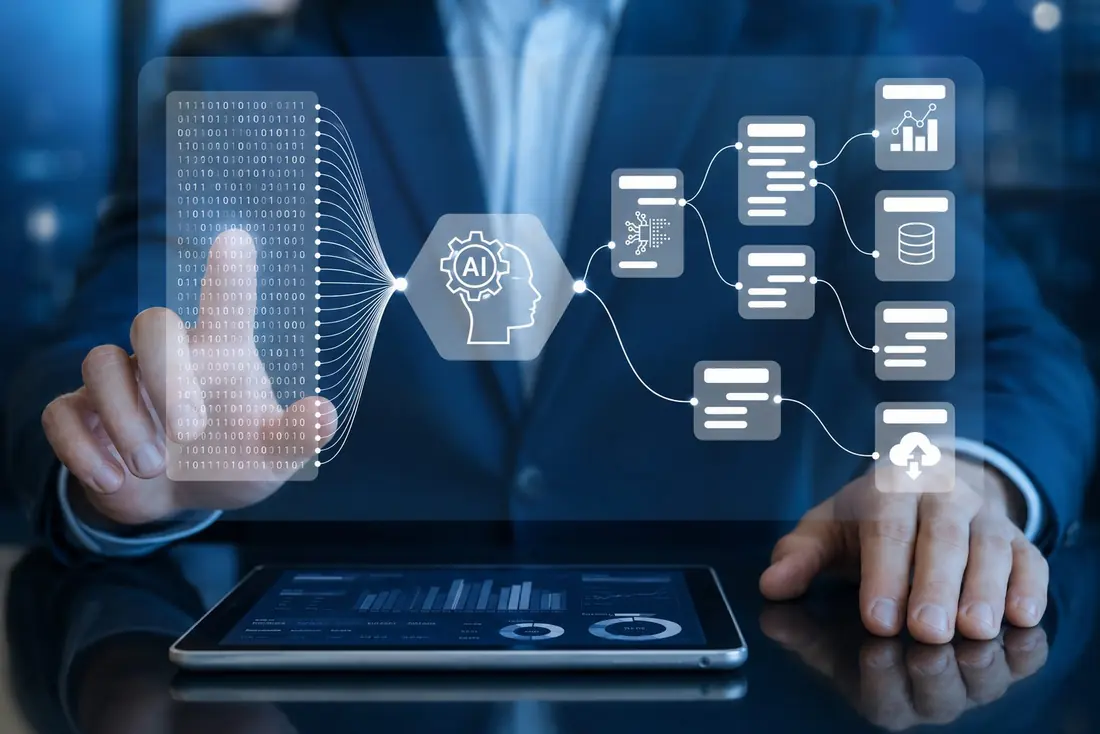 A hand touching an AI workflow diagram connecting documents and data