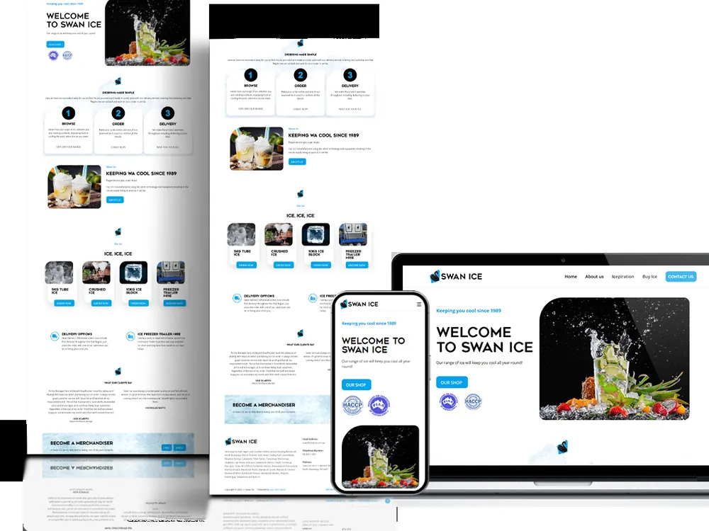Website design shown across desktop, tablet and phone for a food and beverage brand