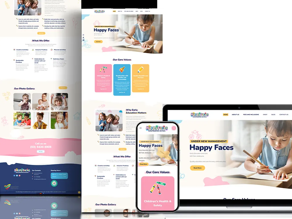 Website design shown across desktop, tablet and phone for an early childhood education provider