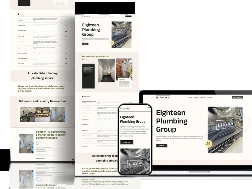 Website design shown across desktop, tablet and phone for a plumbing services group