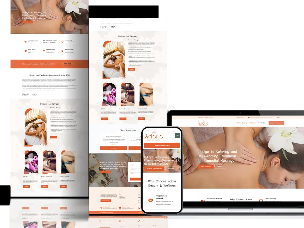 Website design shown across desktop, tablet and phone for a wellness and day spa business