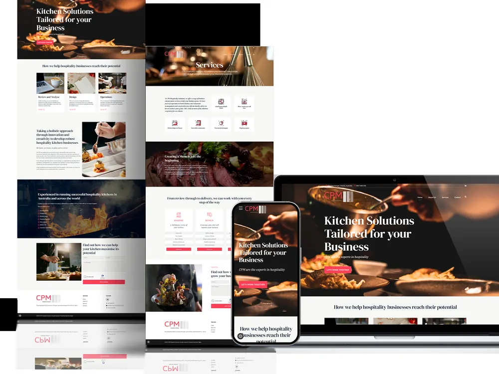 Website design shown across desktop, tablet and phone for a hospitality kitchen supplier