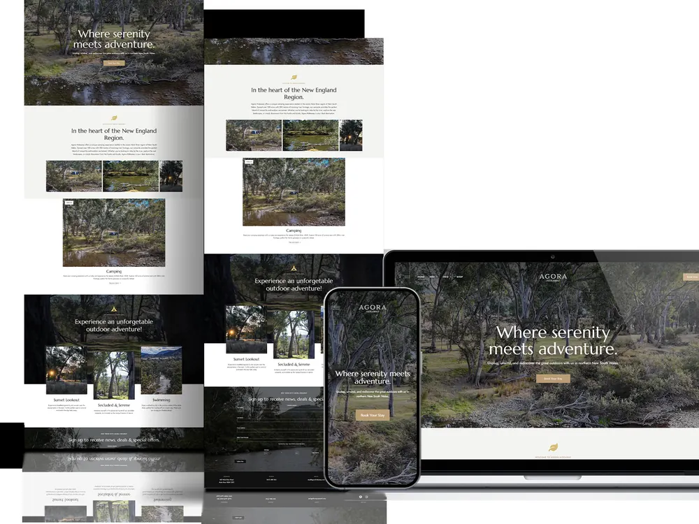 Website design shown across desktop, tablet and phone for a regional tourism and accommodation brand